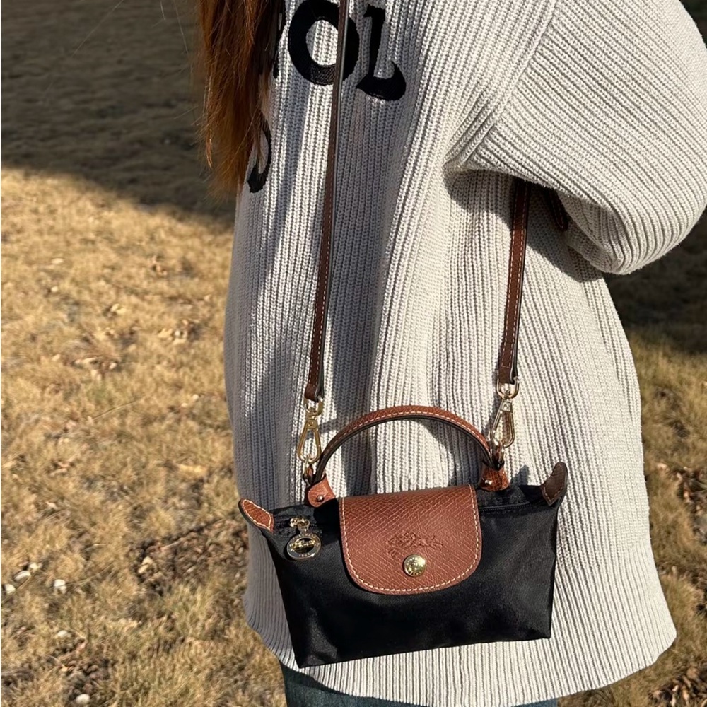 Longchamp Mini Le Pliage Navy Canvas Crossbody Tote Bag Brown Leather Trim - Picture 2 of 5